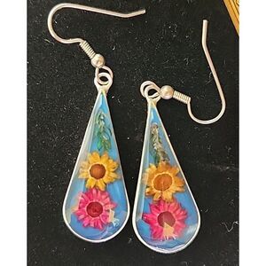 Vintage Silver Plated Dried Flower Dangle Earrings Multicolor Pink Blue Yellow